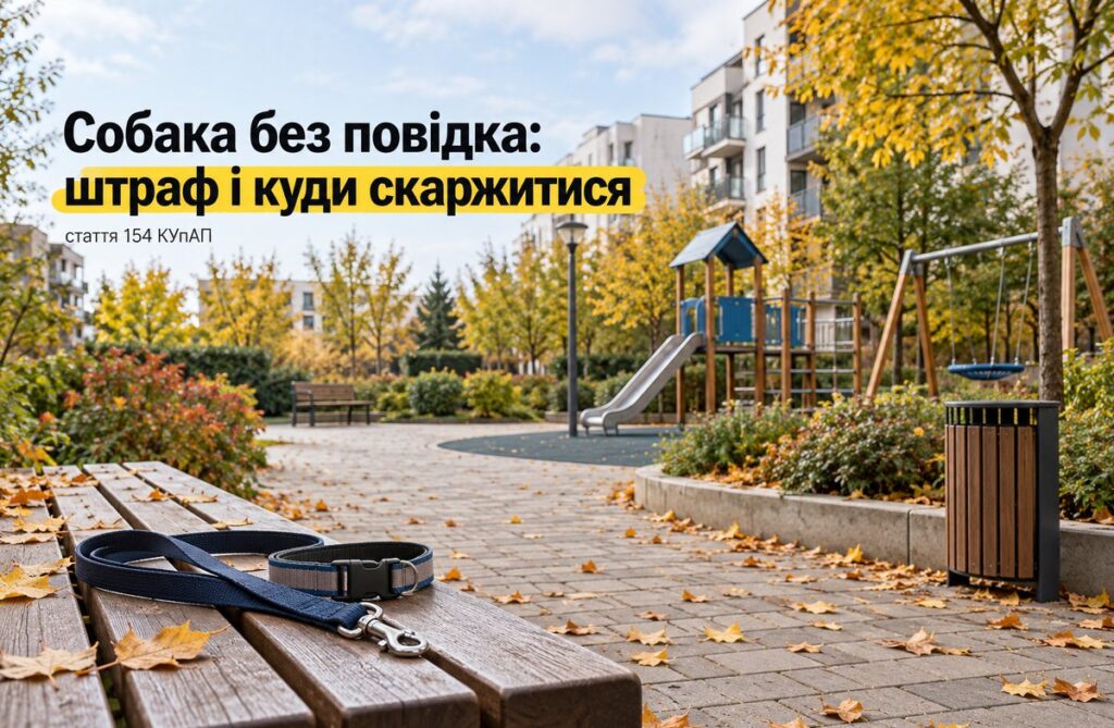 Собака без повідка: штраф і куди скаржитися Повідок і нашийник лежать на лавці у дворі біля дитячого майданчика, осіннє листя на бруківці