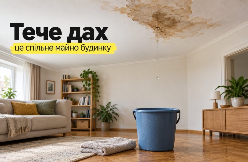 Бура пляма протікання на стелі кімнати з краплею, що падає у синє відро на підлозі
