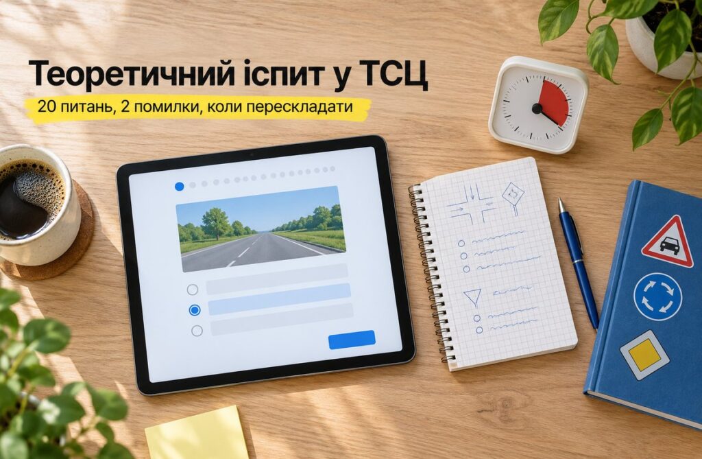 Планшет із тестовим питанням, зошит зі схемами перехресть, годинник на двадцять хвилин і довідник дорожніх знаків