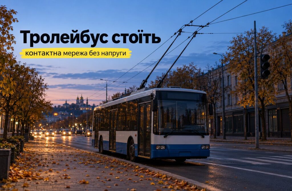Транспорт Києва під час відключення світла: що стає, а що їде Тролейбус стоїть біля тротуару на вечірній вулиці Києва, штанги на контактній мережі, світлофор не горить