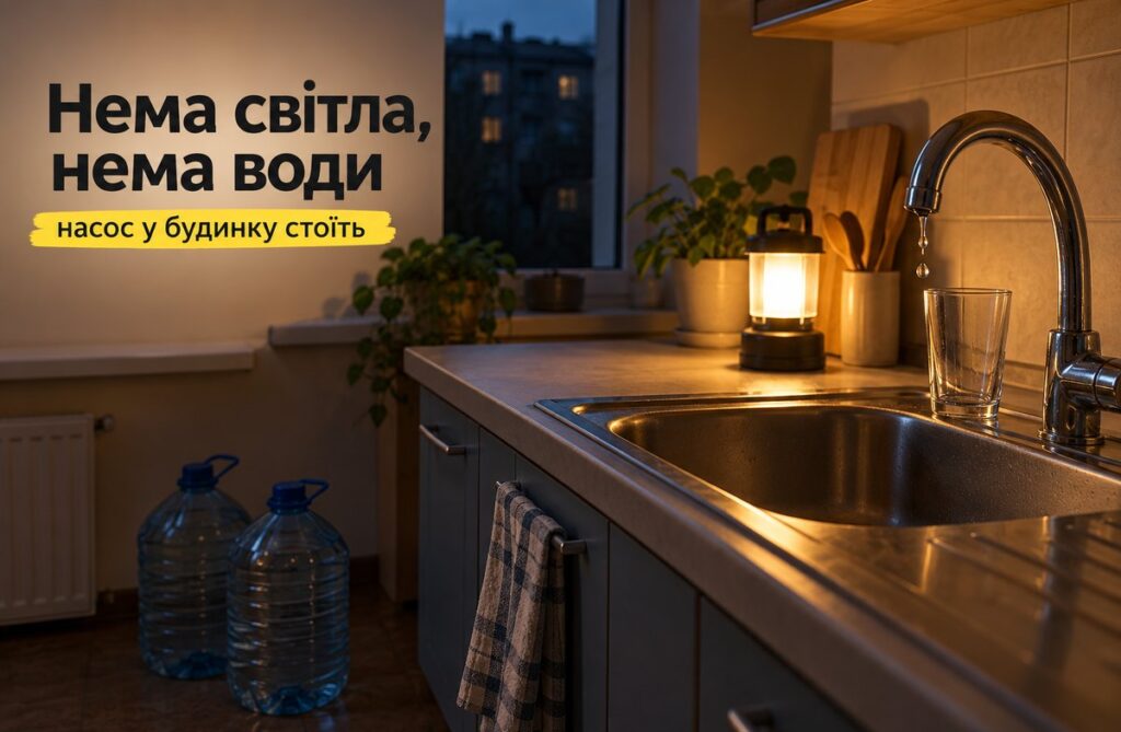 Чому разом зі світлом зникає вода у багатоповерхівці і що зробити заздалегідь Кухня без світла: ліхтар на акумуляторі, порожня склянка біля мийки і два п'ятилітрові балони з водою на підлозі