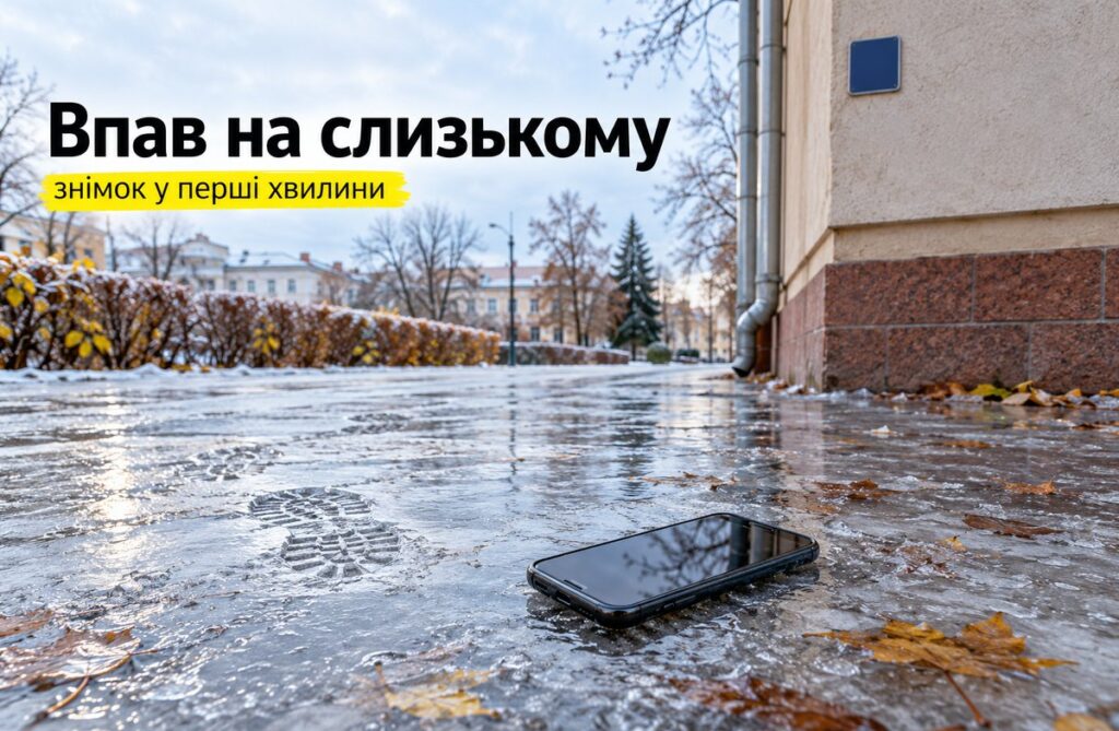 Впав на слизькому в Києві: що зробити в перші години і хто відповідає Міський тротуар під суцільною кіркою льоду з вмерзлими слідами, поряд лежить телефон, на розі будинку табличка з номером