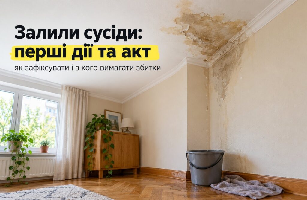 Залили сусіди: перші дії, акт і хто відповідає Велика пляма від залиття на стелі й стіні кімнати, під нею відро на паркеті та рушник