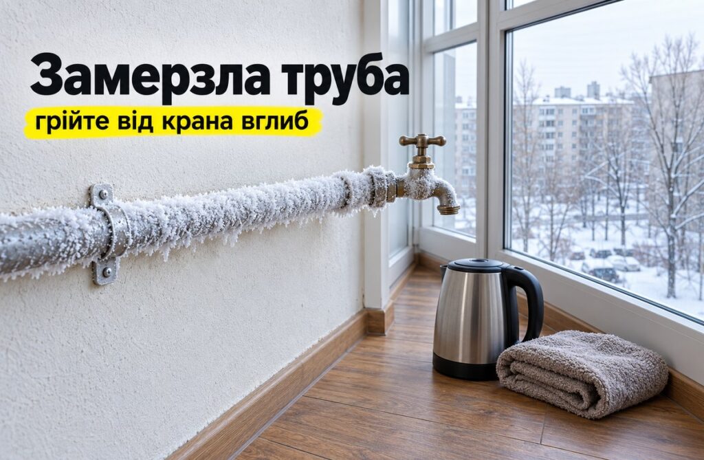Замерзла труба в квартирі: як відігріти правильно і чого не робити Водопровідна труба на засклованому балконі вкрита товстим інеєм, на кінці кран, поруч на підлозі чайник і складений рушник