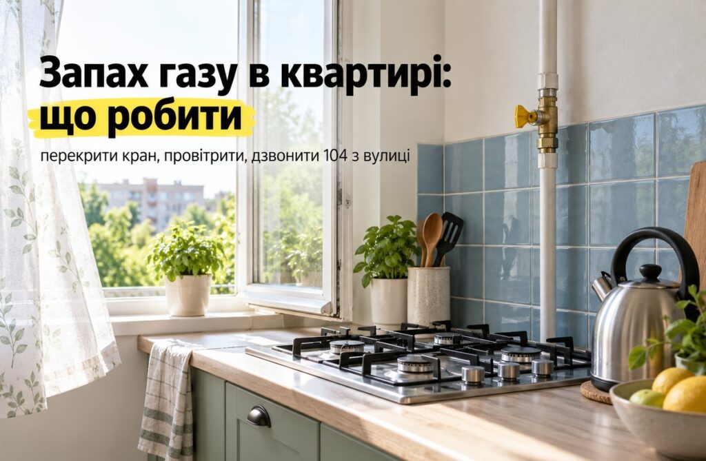 Запах газу в квартирі: що робити і куди дзвонити Газова плита на кухні, жовтий запірний кран на трубі поруч і відчинене вікно з завіскою
