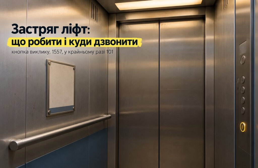 Салон ліфта зі зачиненими дверима і панеллю керування, на якій видно круглу кнопку виклику диспетчера