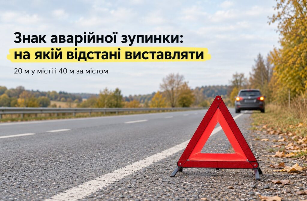 Знак аварійної зупинки виставлений на узбіччі, автомобіль видно далеко позаду на порожній дорозі