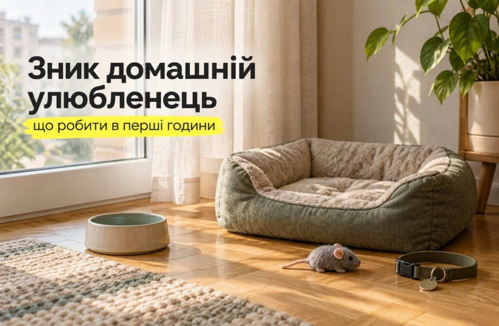 Зник домашній улюбленець: що робити по кроках Порожній лежак для тварини біля вікна, поруч миска, іграшкова мишка і нашийник з адресником