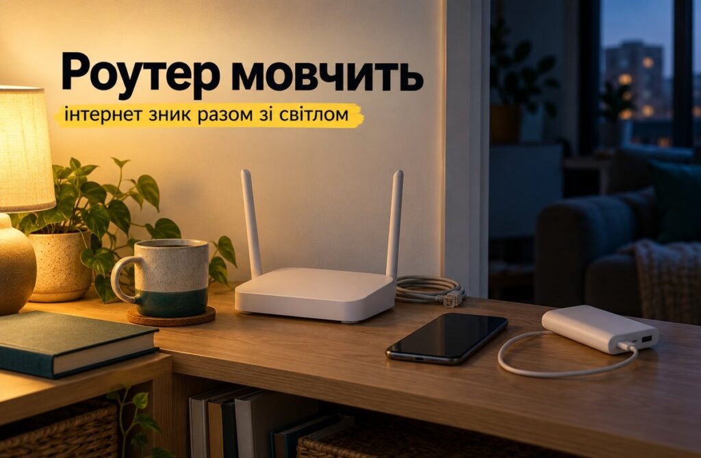 Домашній Wi-Fi роутер із погаслими індикаторами на столі, поряд телефон і павербанк із кабелем